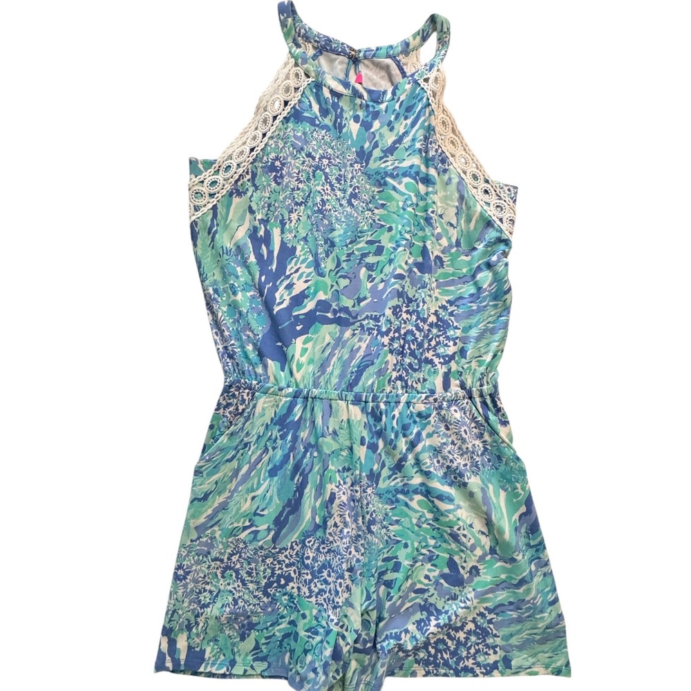Lilly Pulitzer Donna Romper Blue Teal Lace Trim Halter Neck 001702 Womens L
